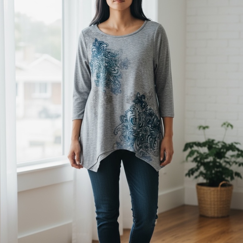 New boutique gray with blue fleur de Lis graphic design top